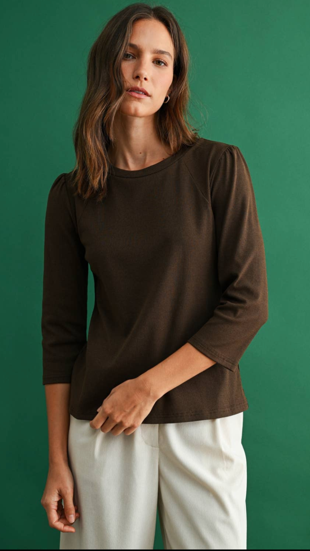 Brown Puff Sleeve Knit Top