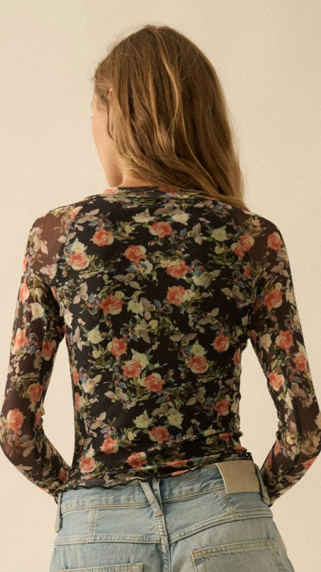 Black Floral Mesh Mock Neck Thumbhole Raglan Top