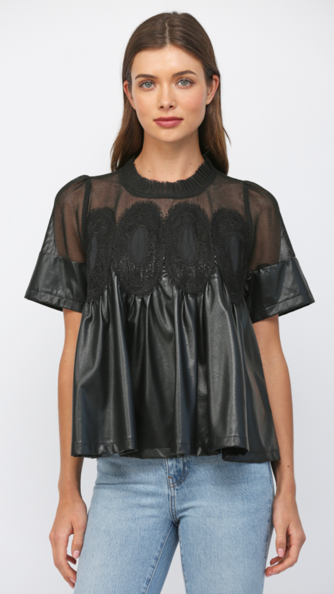 Lace Overlay Faux Leather Babydoll Top