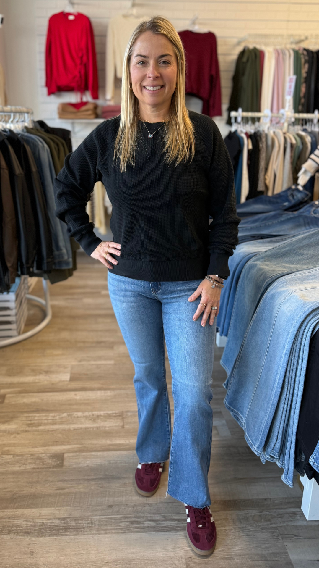 Black Cotton Thermal Waffle Vintage Dye Crew Neck