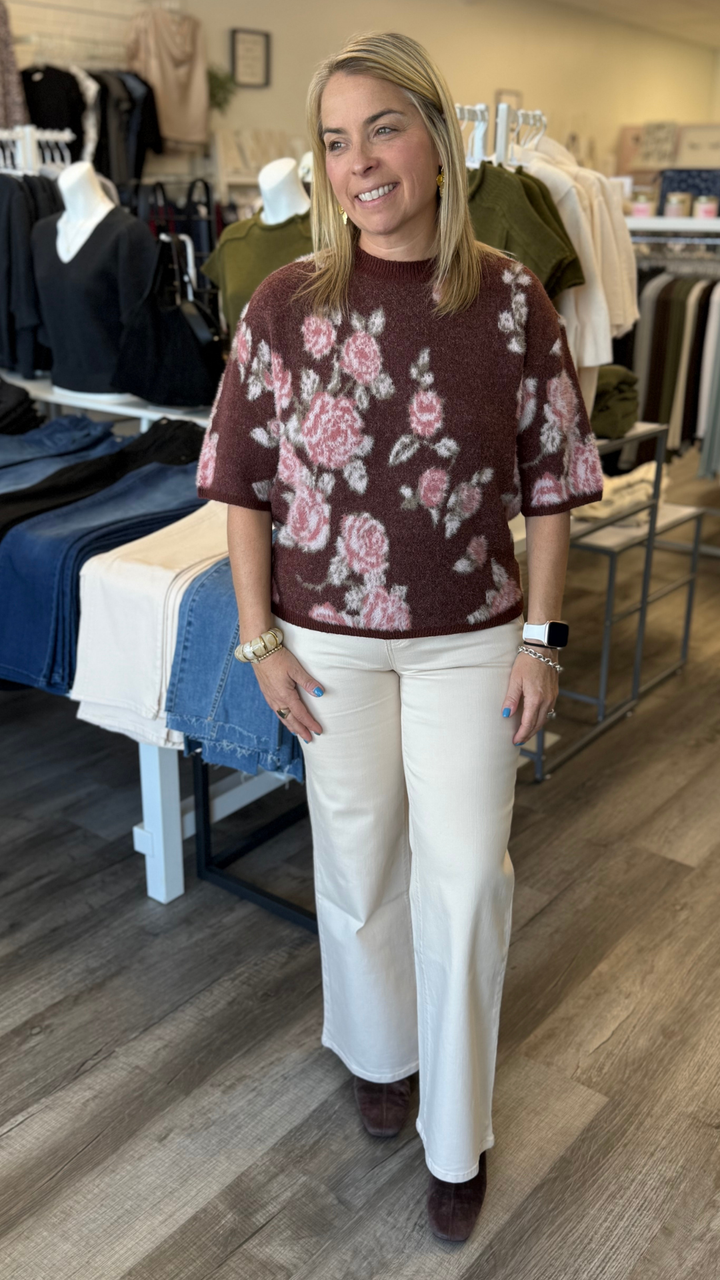 Mid Rise Ecru Petite Slim Wide Leg Jeans