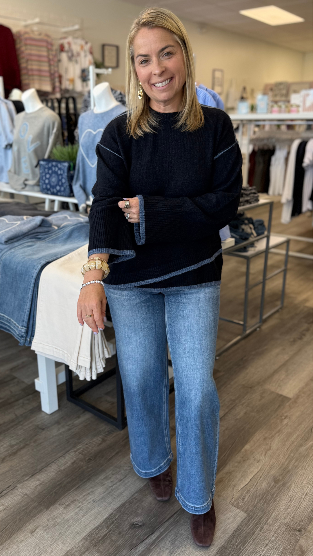 Navy Contrast Trim Crew Neck Sweater