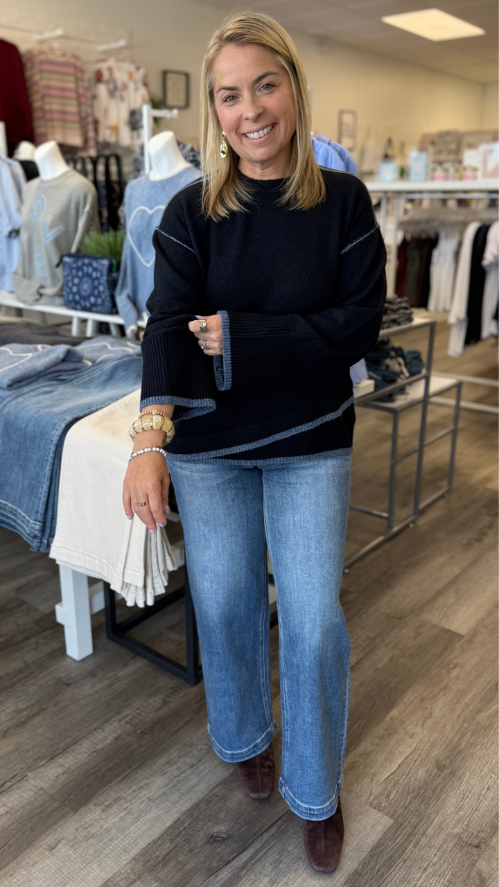 Navy Contrast Trim Crew Neck Sweater