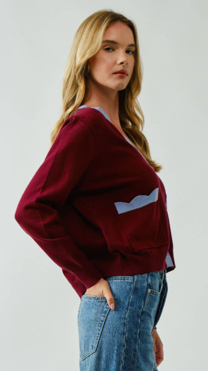 Burgundy Super Soft Scallop Detail Sweater Cardigan