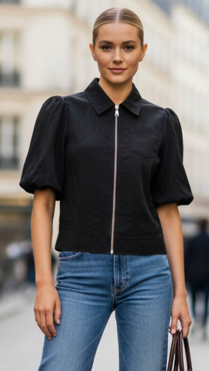 Black Bubble Sleeve Zip Jacket