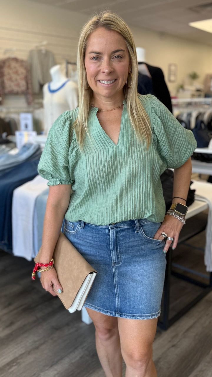 Sage Crinkled Split Neck Puff Sleeve Top