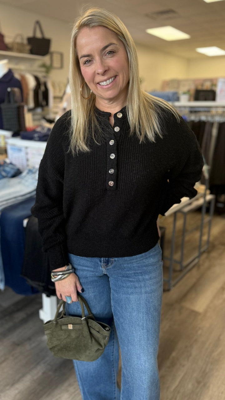 Black Cotton Buttoned Sweater