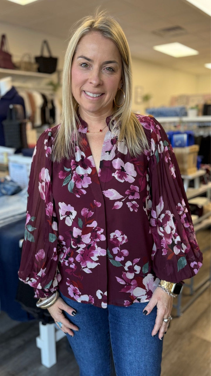 Pleated Sleeve Floral Button Blouse