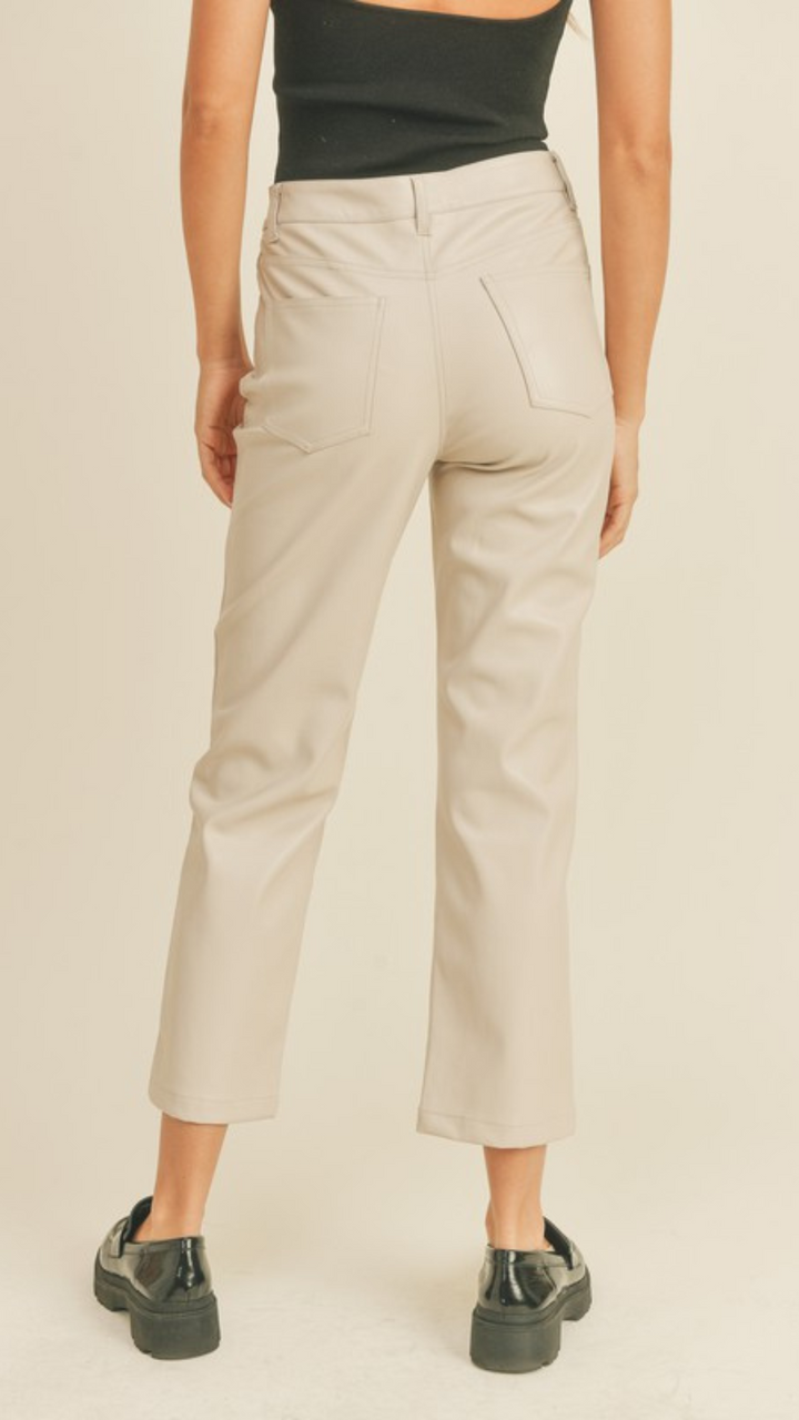 Cream Faux Leather Straight Pants