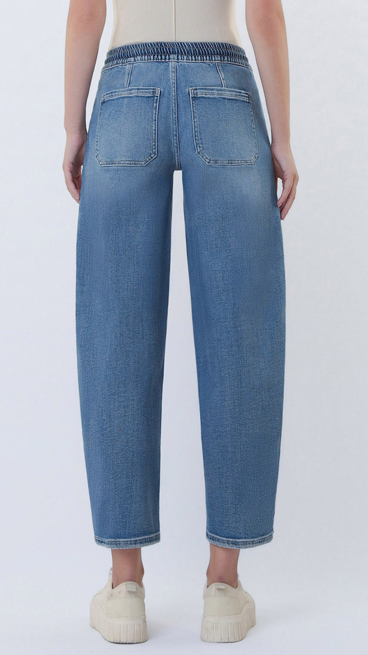 High Rise Elastic Waistband Wide Barrel Jeans