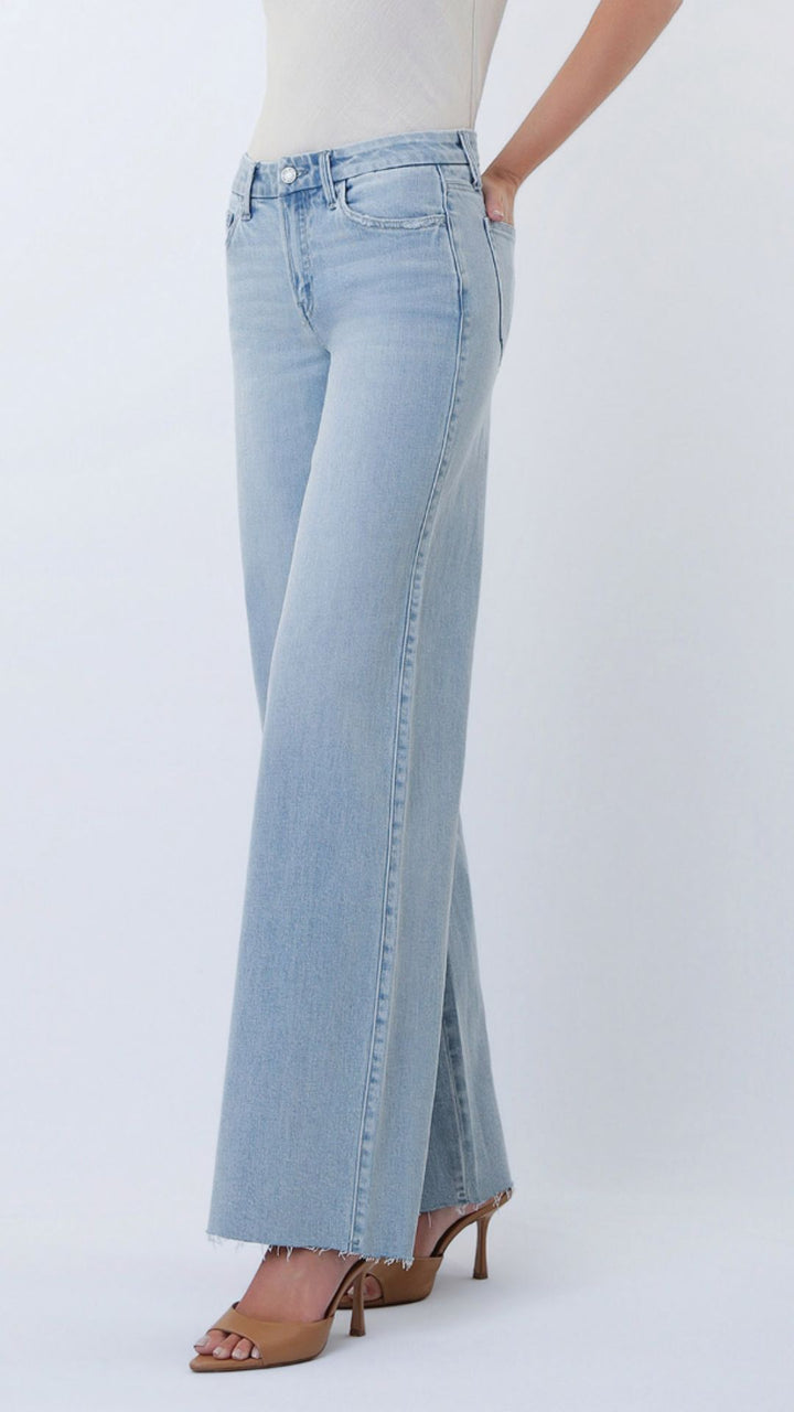 Mid Rise Light Wash Full Length Clean Cut Hem Wide Leg Jeans
