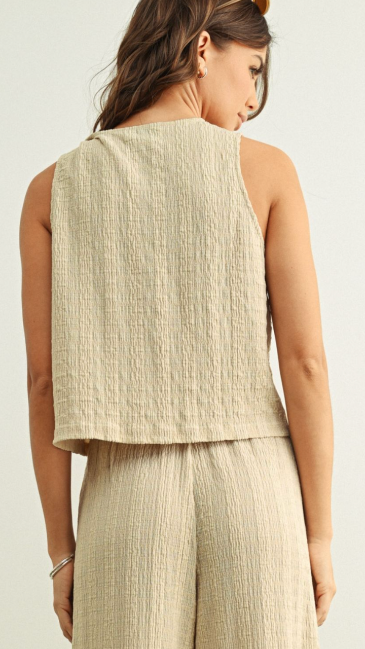 Tan Crinkled Fabric Sleeveless Button Front Top And Bottoms Set