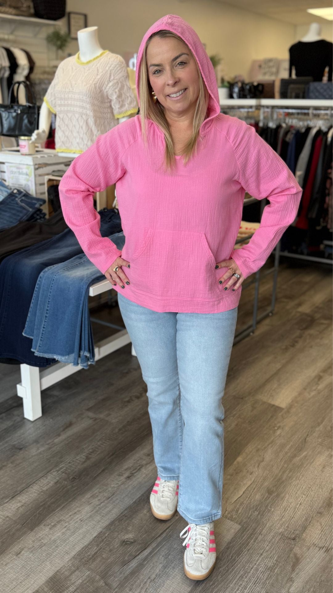 Pink Gauze Hoodie Top