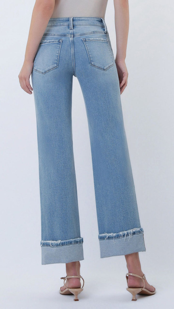 Mid Rise Medium Light Cuffed Slim Wide Leg Jeans