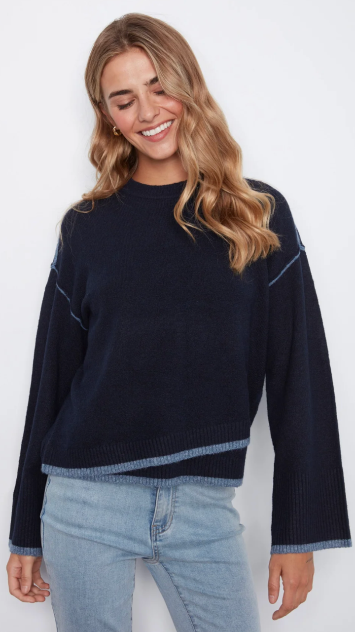 Navy Contrast Trim Crew Neck Sweater