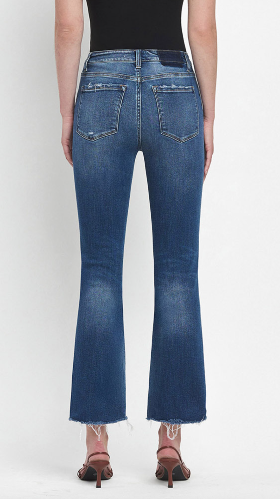 High Rise Dark Wash Raw Step Hem Crop Flare Jeans