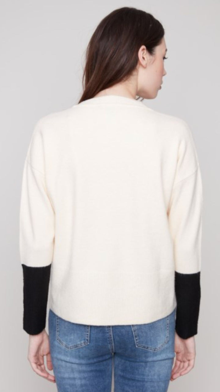 Ecru Crew Neck Sweater With Contrast Details