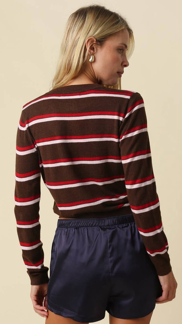 Brown Red And Pink Multi Stripe Button Cardigan
