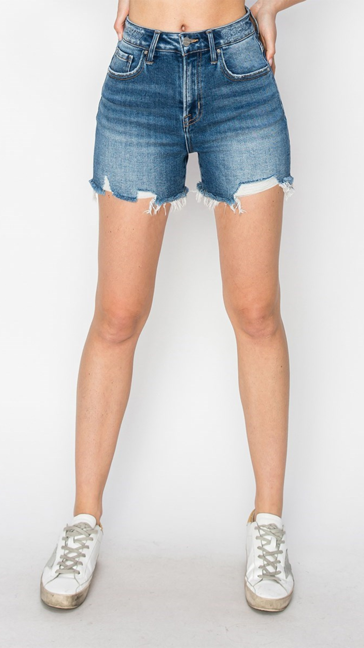 High Rise Dark Wash Clean Cut Hem Distressed Shorts