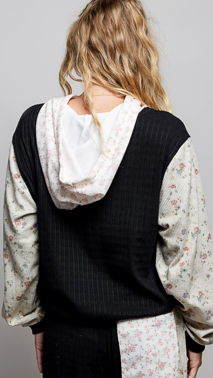 Black Multi Kangaroo Pocket Mixed Knit Contrast Sleeve Hooded Pullover