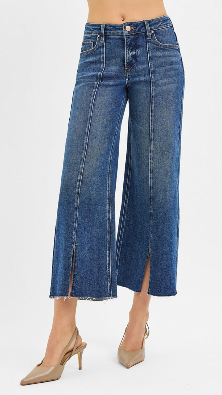 Mid Rise Tummy Control Dark Wash Crop Wide Front Slit Jeans