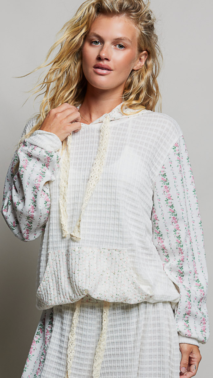 Ivory Multi Kangaroo Pocket Mixed Knit Contrast Sleeve Hooded Pullover