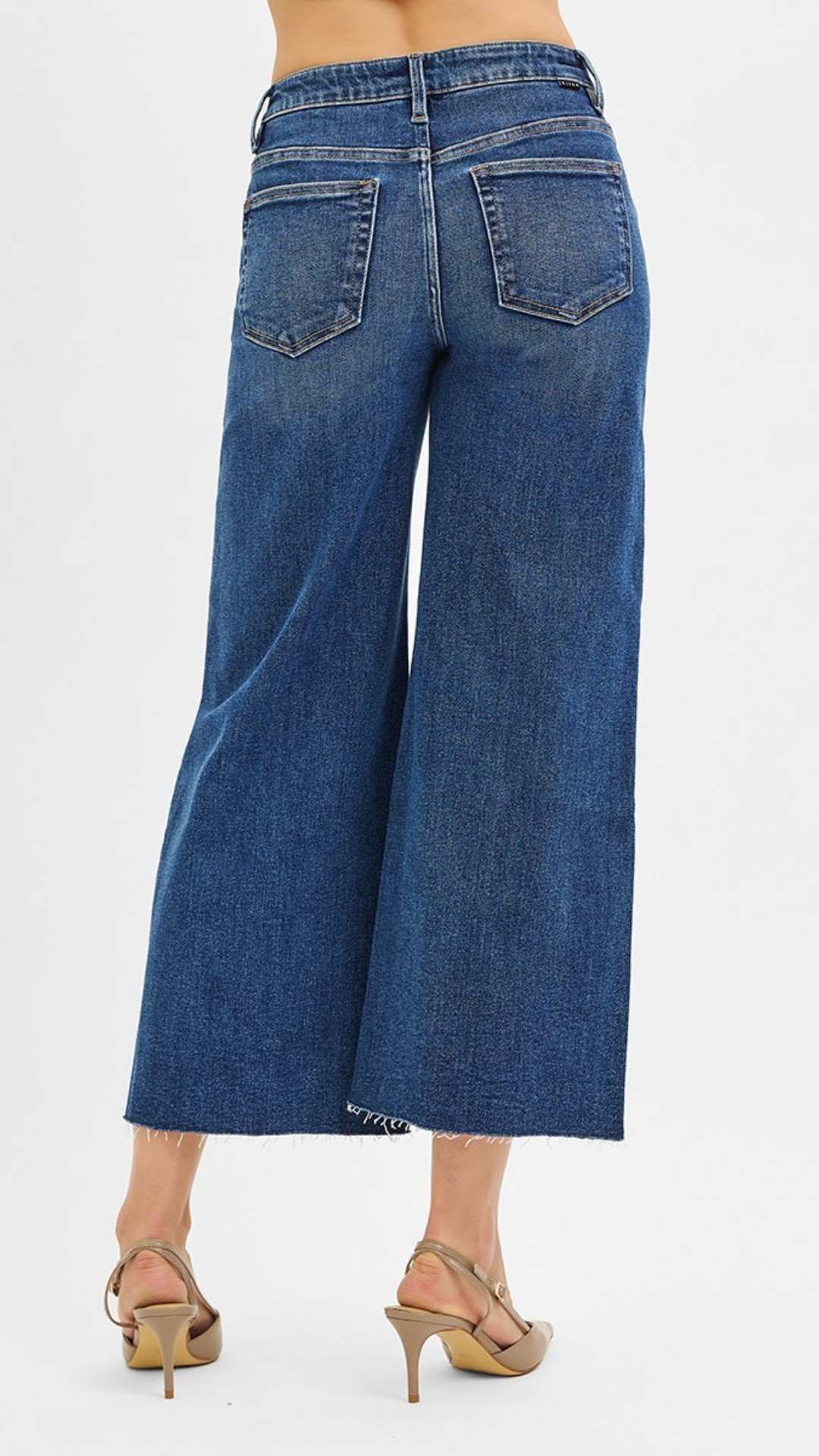 Mid Rise Tummy Control Dark Wash Crop Wide Front Slit Jeans