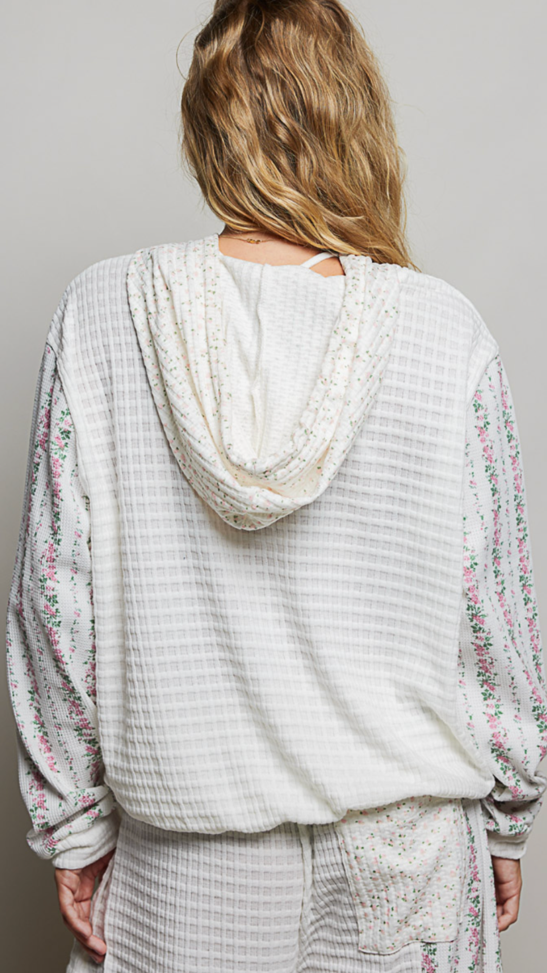 Ivory Multi Kangaroo Pocket Mixed Knit Contrast Sleeve Hooded Pullover