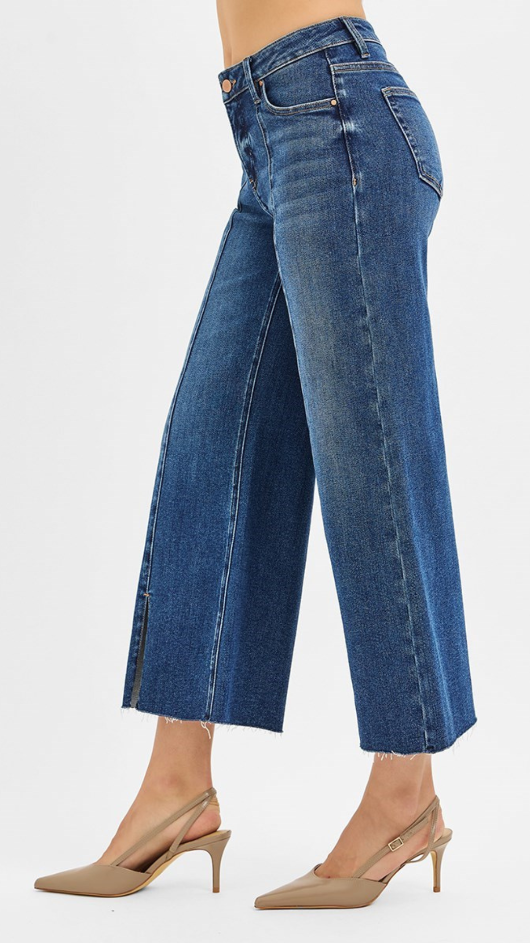Mid Rise Tummy Control Dark Wash Crop Wide Front Slit Jeans