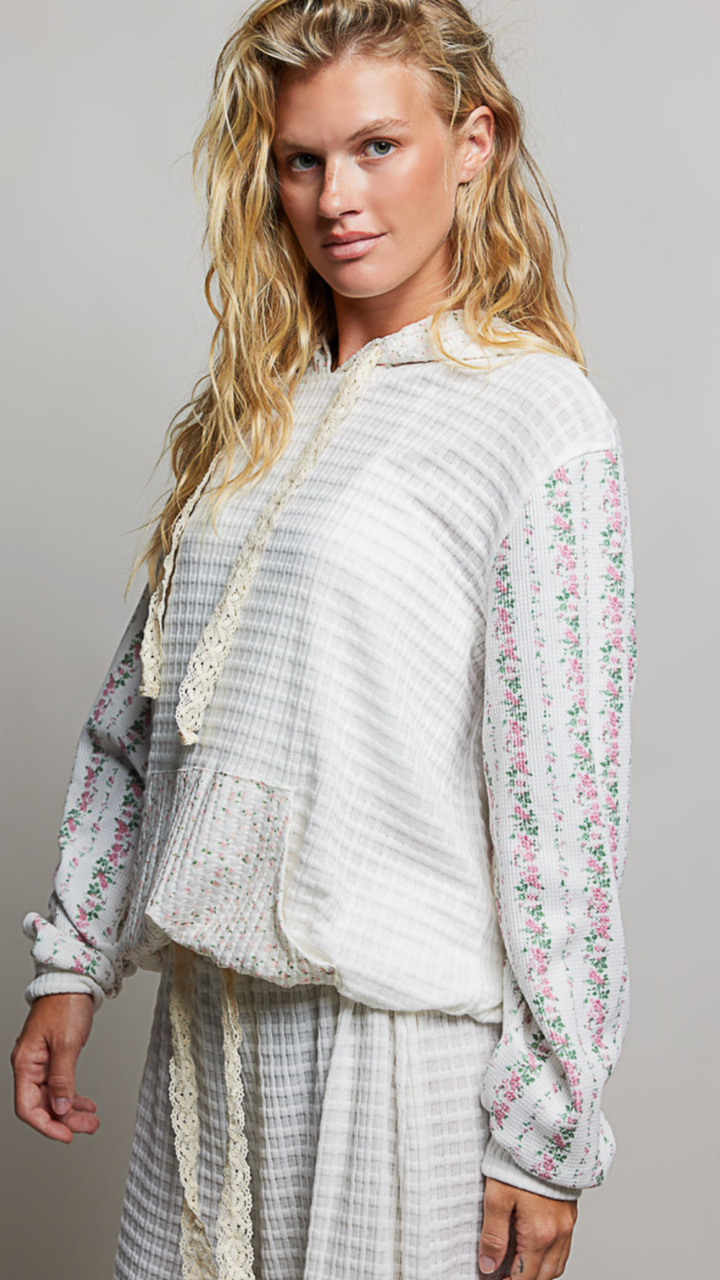 Ivory Multi Kangaroo Pocket Mixed Knit Contrast Sleeve Hooded Pullover