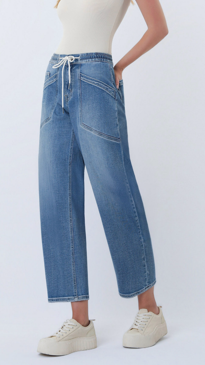 High Rise Elastic Waistband Wide Barrel Jeans