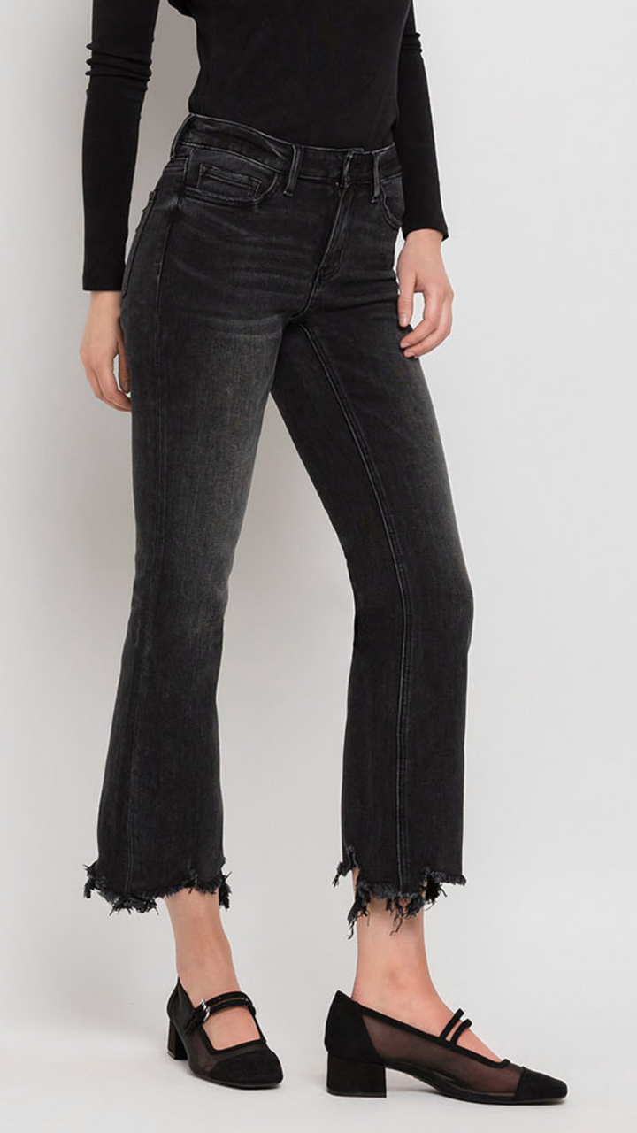 Black Mid Rise Distressed Hem Crop Flare Jeans
