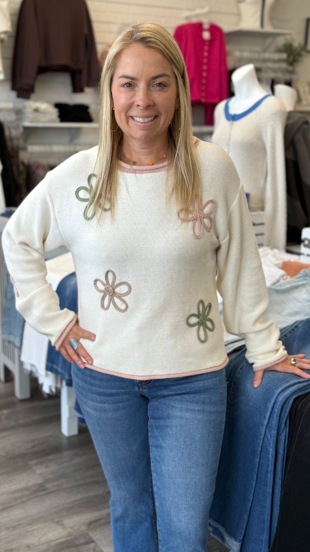 Contrast Floral Applique Oversized Soft Sweater