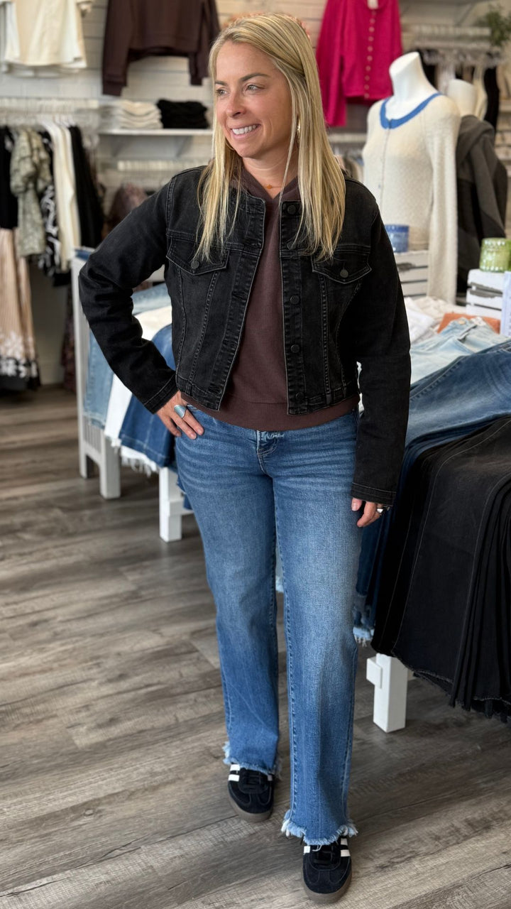 Black Collarless Denim Jacket