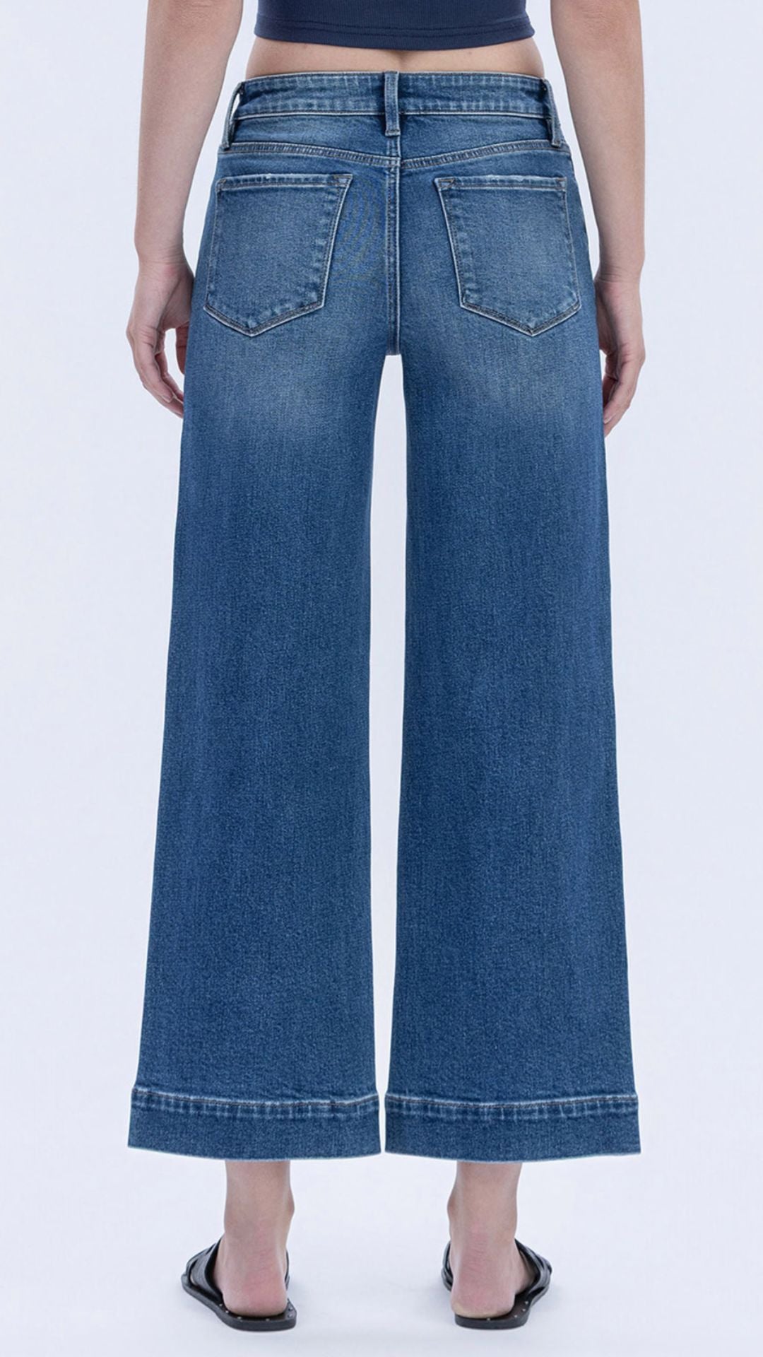 High Rise Dark Wash Trouser Hem Wide Leg Jeans
