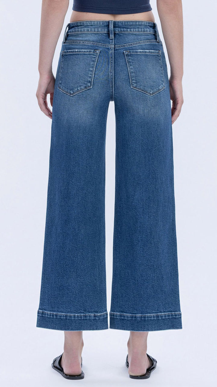 High Rise Dark Wash Trouser Hem Wide Leg Jeans