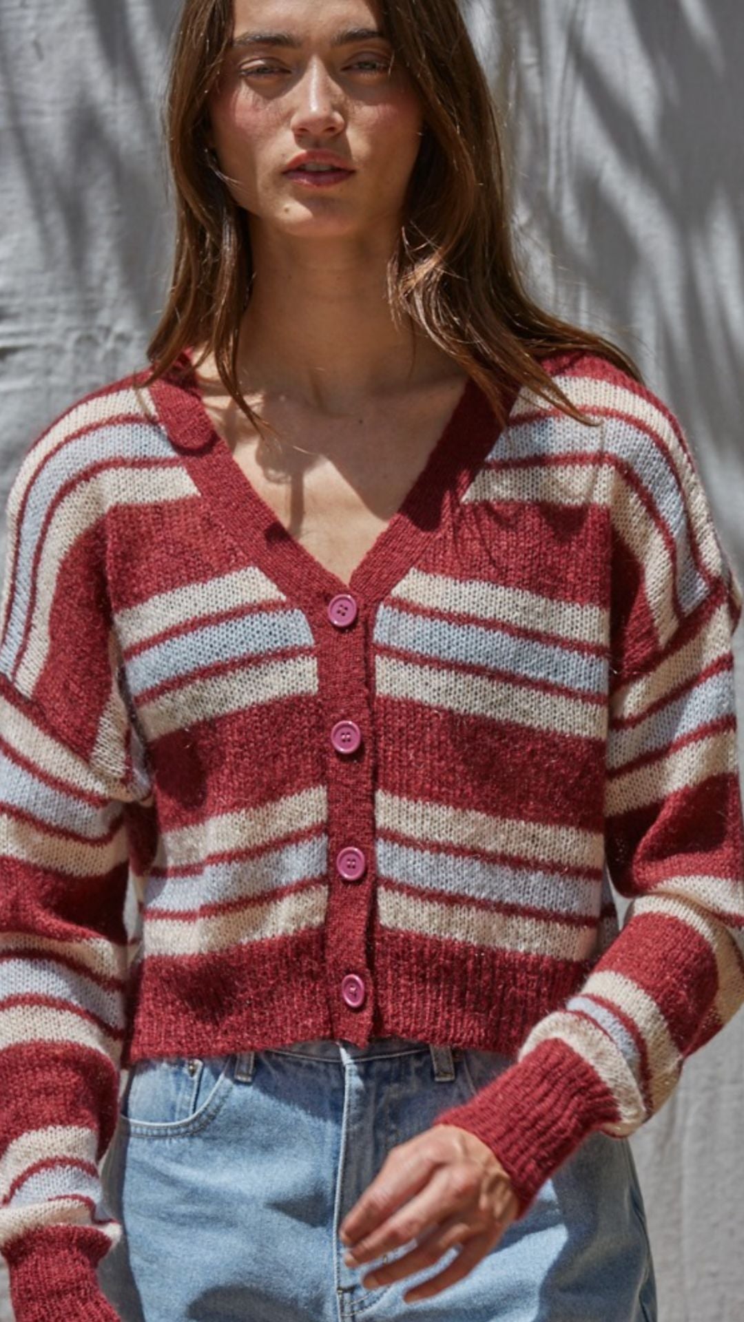 Burgundy Multi Stripe Crop Cardigan Sweater