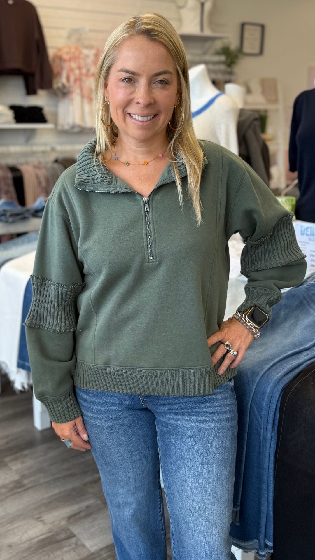 Olive Fleece Quarter Zip With Rib Detail Sweatshirt