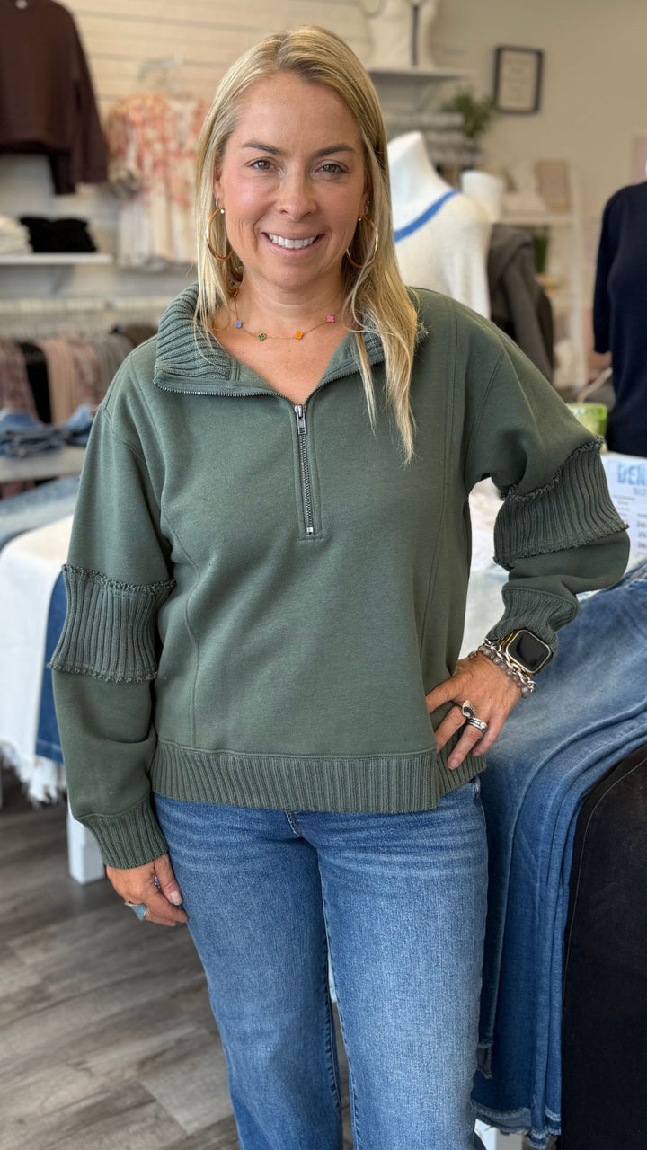 Olive Fleece Quarter Zip With Rib Detail Sweatshirt