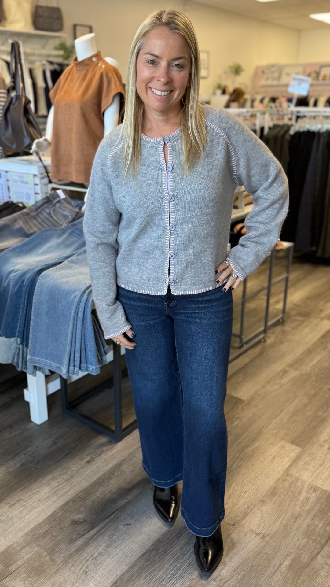 Gray And Pink Contrast Stitch Sweater