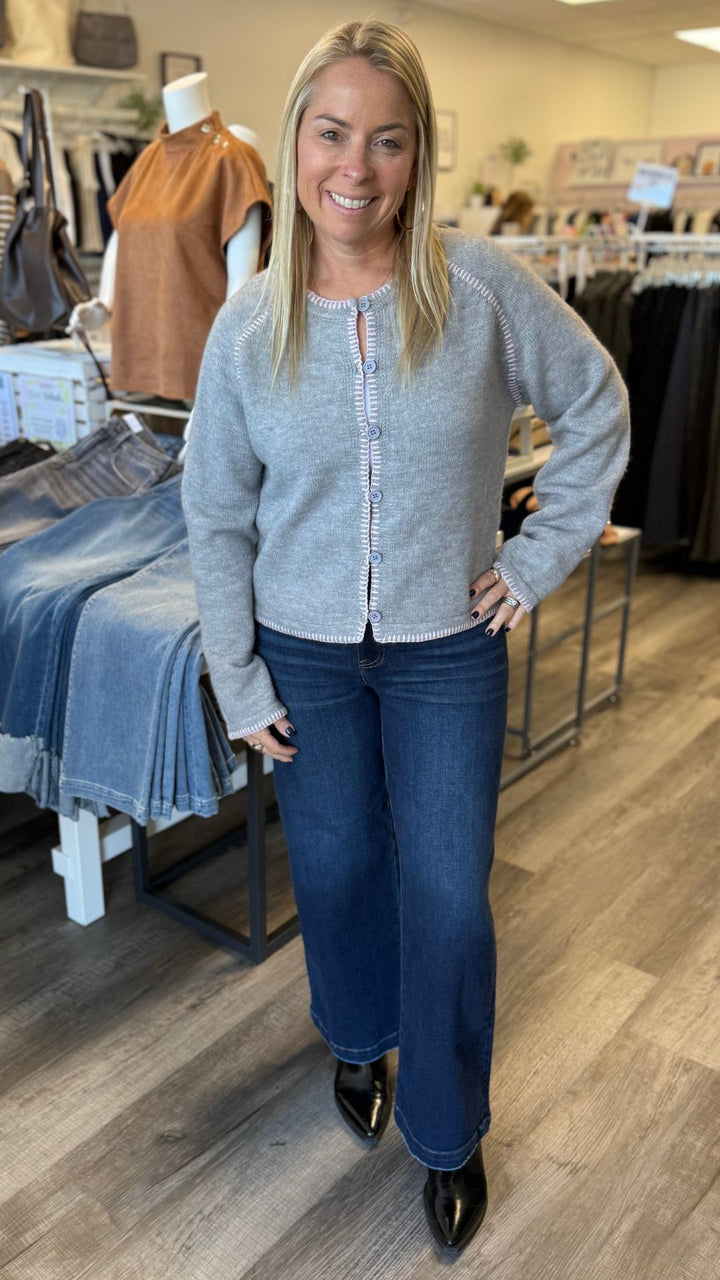 Gray And Pink Contrast Stitch Sweater
