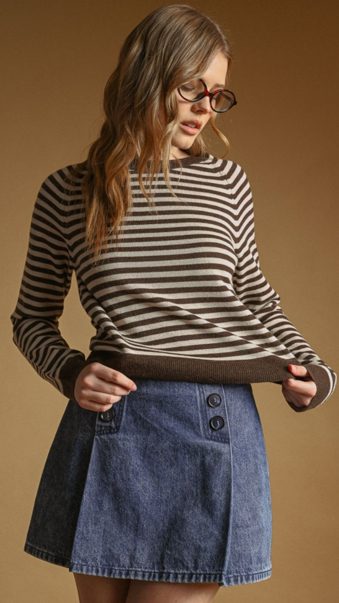 Mocha Striped Round Neck Sweater Top