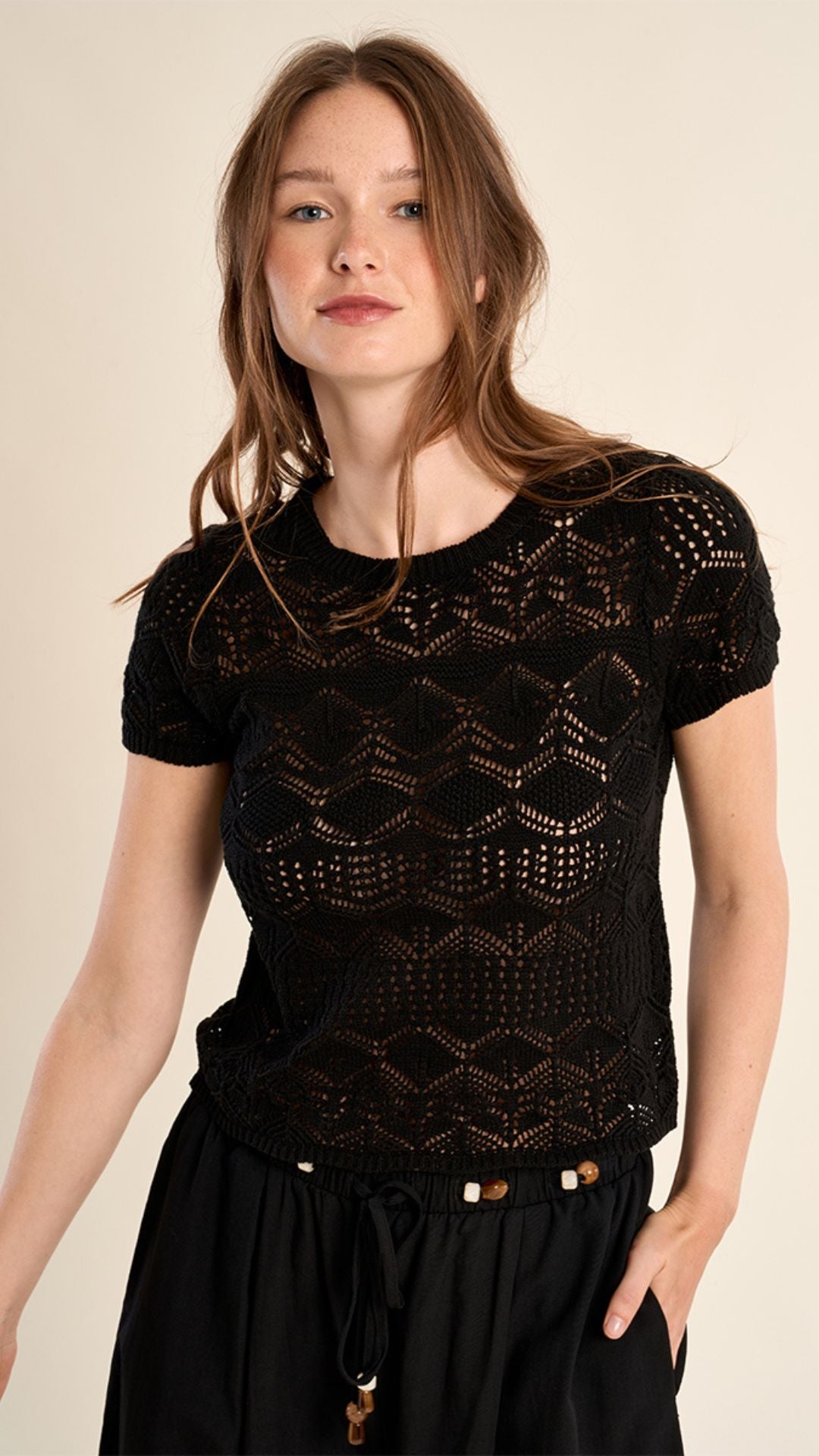 Black Lace Short Sleeve Sweater Top