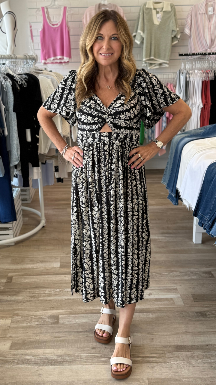 Flutter Sleeves V Neck Twist Front Midi Dress
