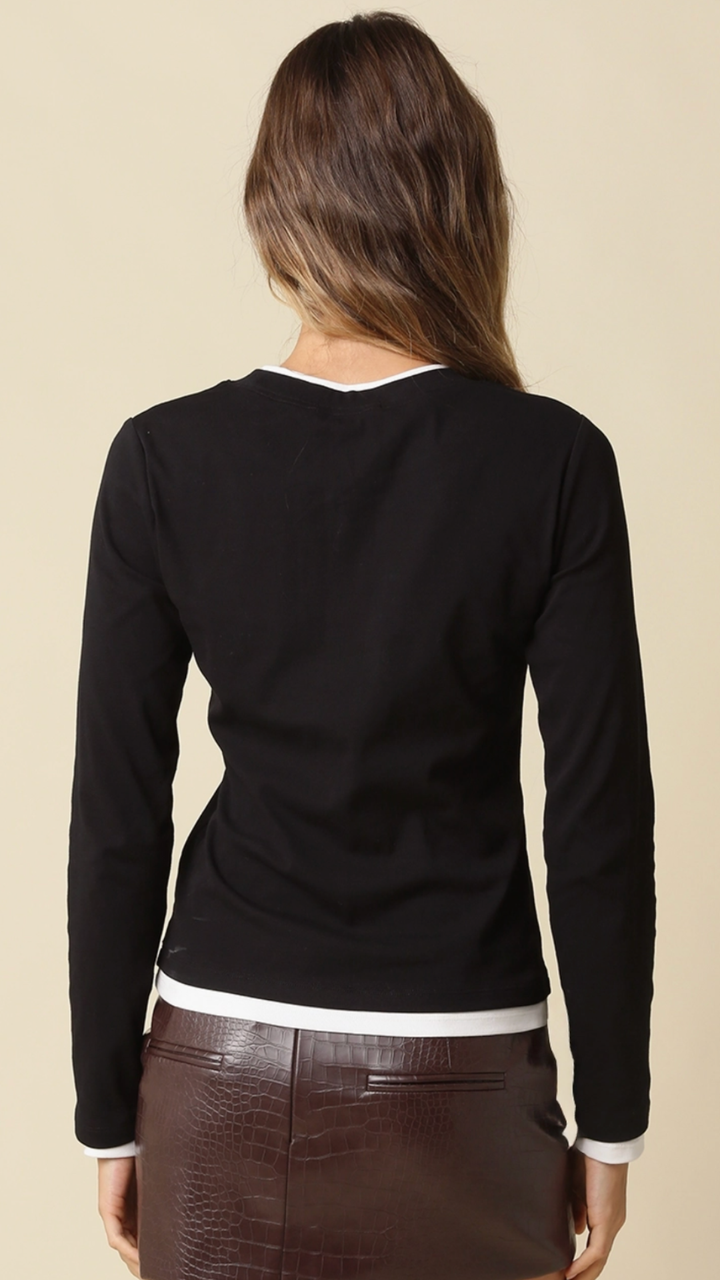 Black And White Contrast Trim Long Sleeve Top