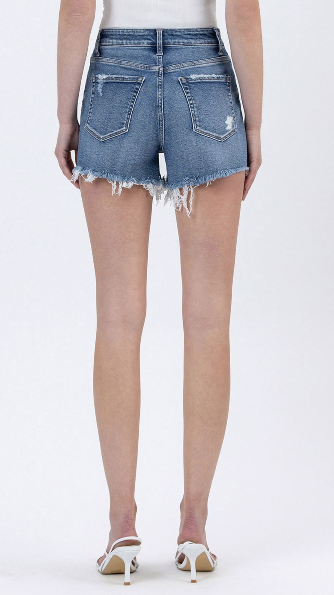 High Rise Medium Wash Frayed Hem A Line Denim Shorts