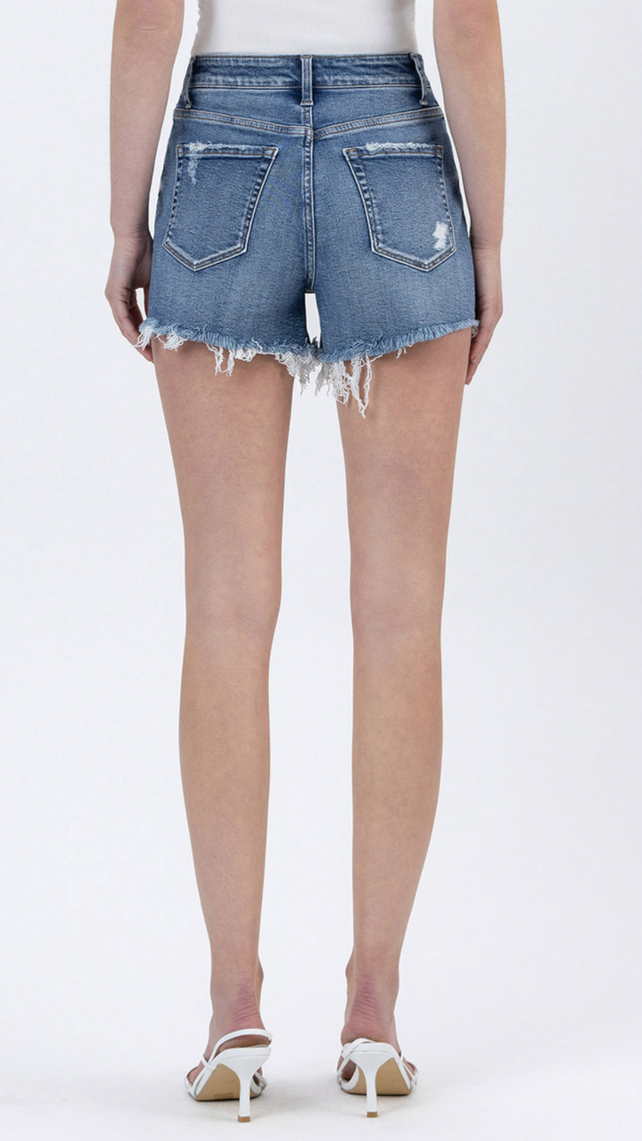 High Rise Medium Wash Frayed Hem A Line Denim Shorts