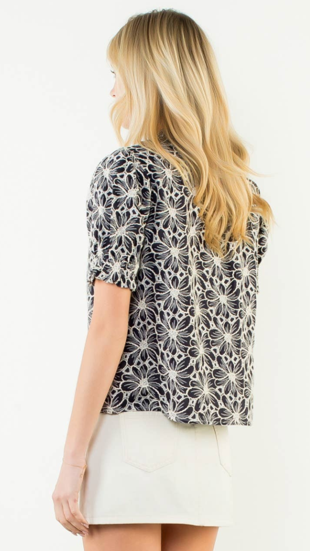 Navy Short Sleeve Sequined Embroidery Detail Top