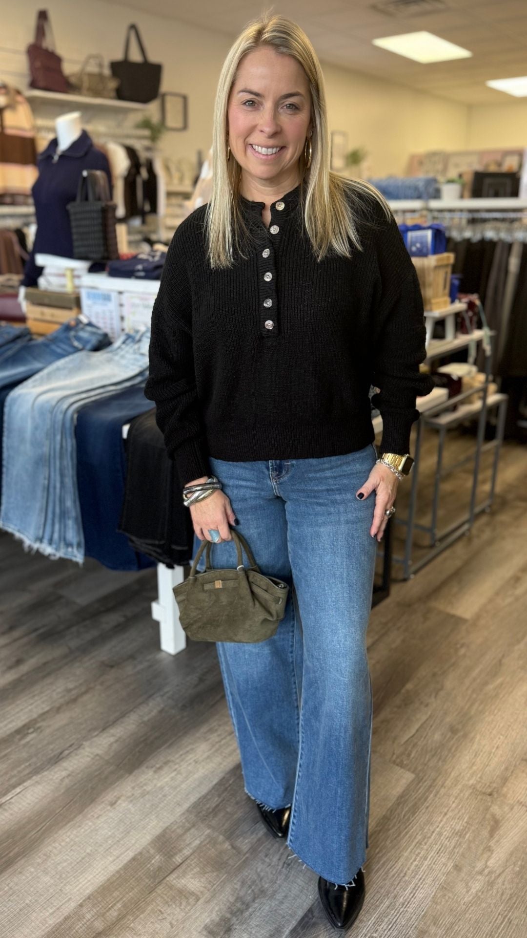 High Rise Dark Wash Full Length Wide Leg Jeans