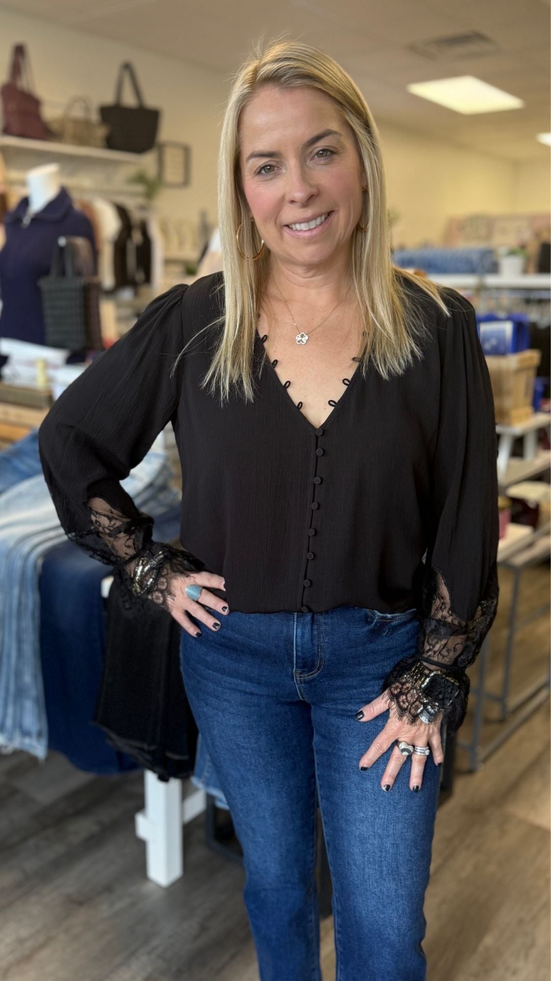 Lace Cuff V Neck Button Blouse